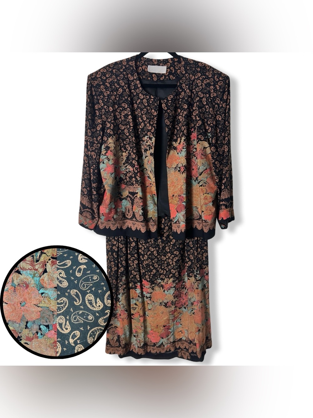 A.C. Sport Vintage Black Paisley Floral Open Jacket Maxi Skirt Set Sz 22W 24W
